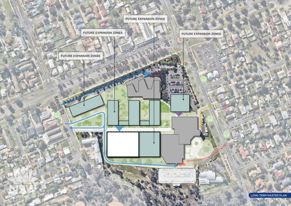 An image released branded "long term master plan" showing "future expansion zones" at Albury hospital without stating what will be put in each area. Image from NSW Health