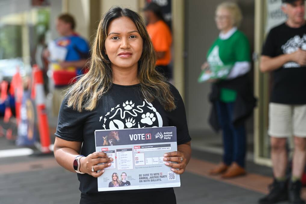 Asanki Fernando outside Albury's prepolling station in the Mate's Building off Kiewa Street where she was seeking support from voters. Picture by Mark Jesser