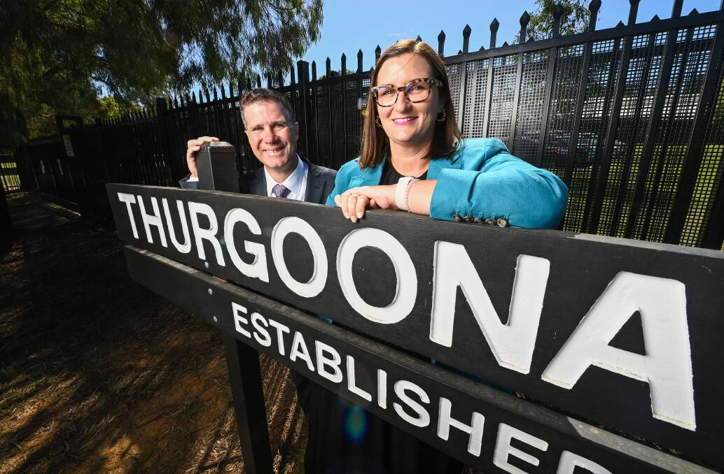 Albury MP Justin Clancy with NSW Education Minister Sarah Mitchell at Thurgoona Public School on Tuesday morning.