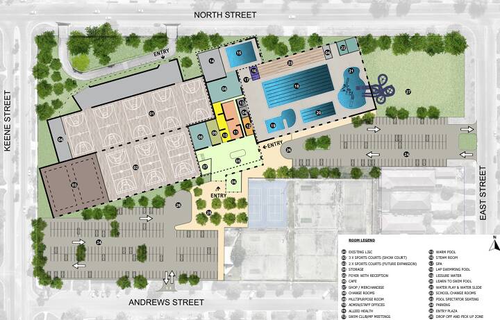 An image from the Lauren Jackson Sports Centre draft master plan showing swimming pools attached to the basketball courts at the western end of the hub.