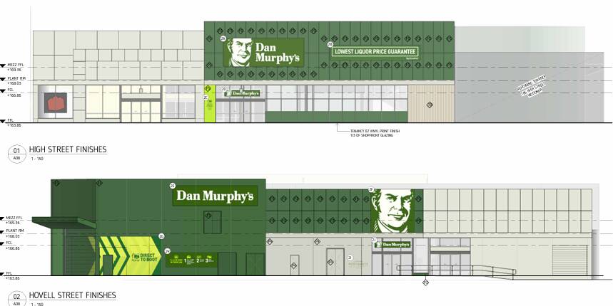 Architectural designs showing how the Dan Murphy's shop planned for central Wodonga would appear from High Street (top) and Hovell Street (below).
