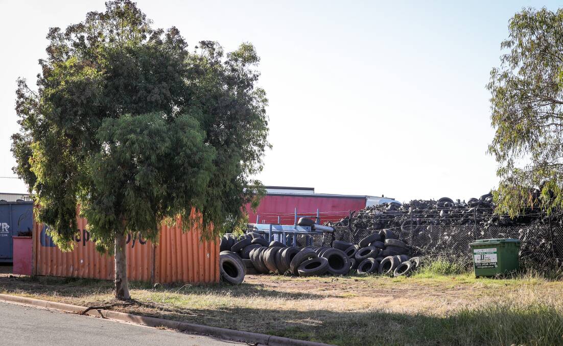 Some of the tyres that were left to pile up at the Bennu Circuit property near Albury airport. Picture by James Wiltshire