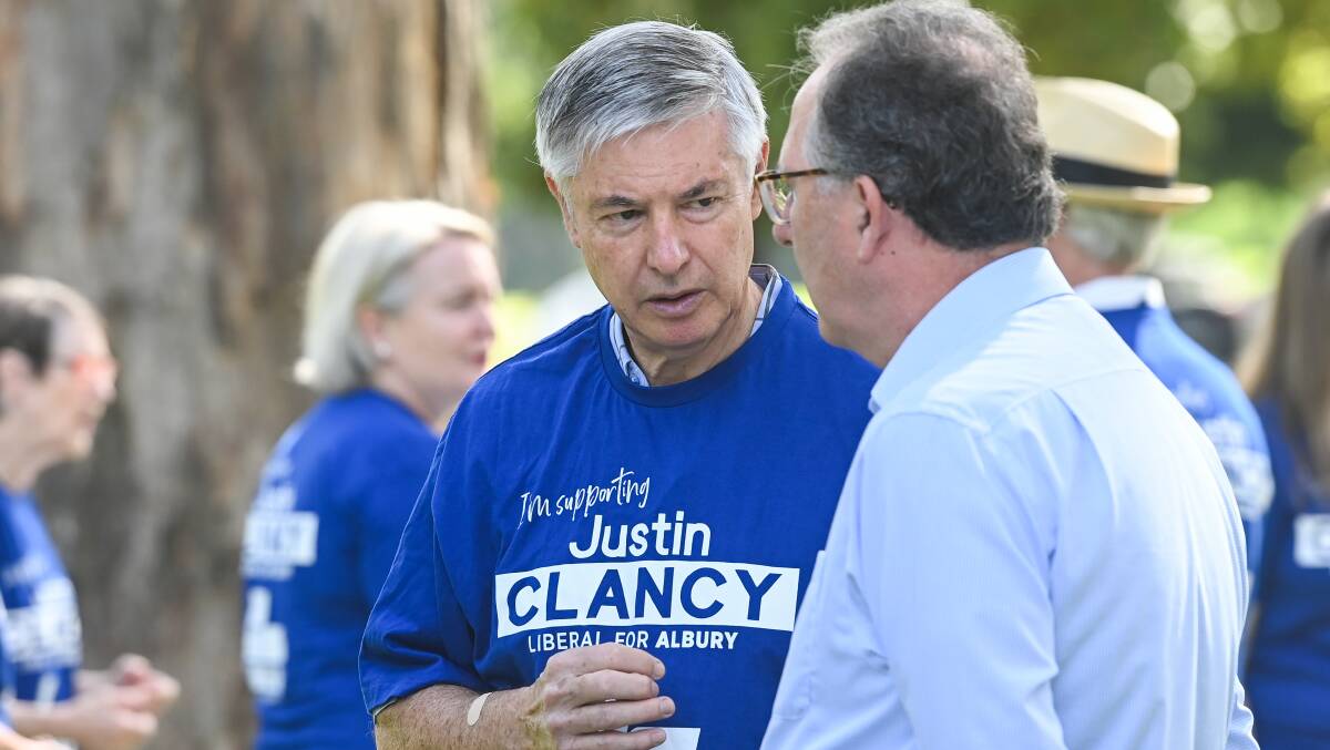 Former Albury MP Greg Aplin speaks to NSW Sport Minister Alister Henskens Picture by Mark Jesser