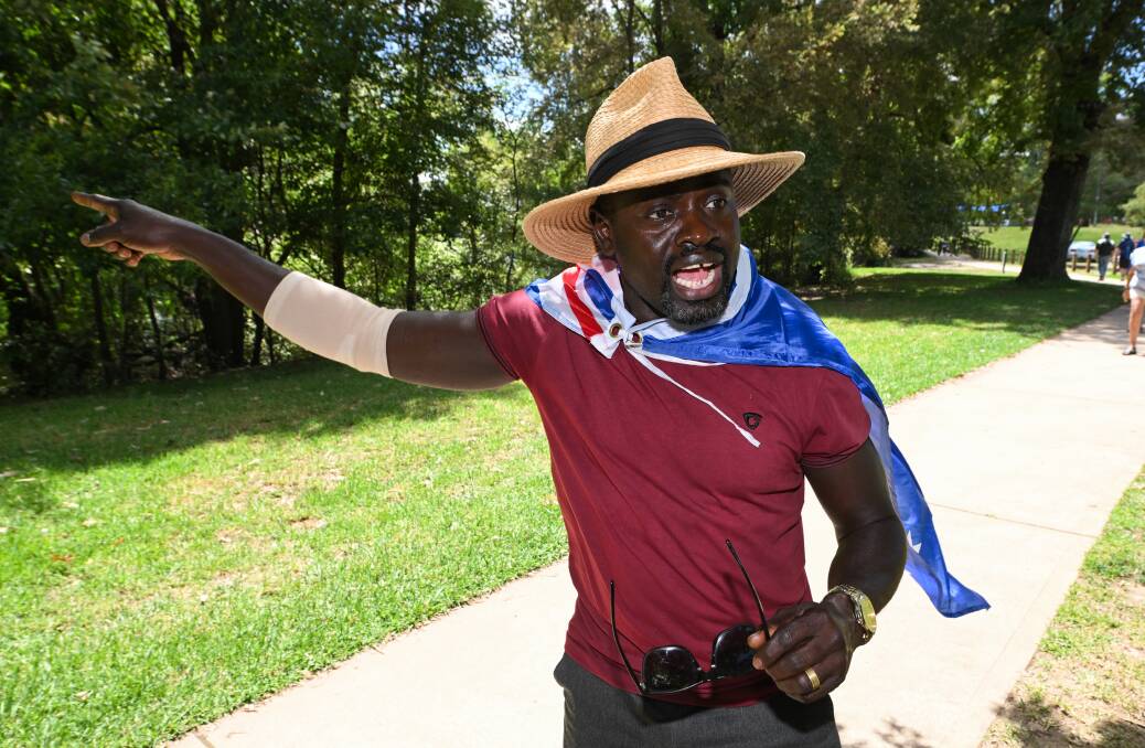 Immigrant Isaac Eyalama fires up about Albury Council's Australia Day decision while speaking to The Border Mail at Noreuil Park. Picture by Mark Jesser