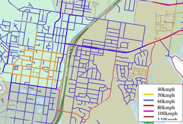 Changes proposed for central Albury with the yellow streets earmarked for 40kmh treatment and roads such as Borella and Waugh reduced to 50kmh from 60kmh. Image from Albury Council