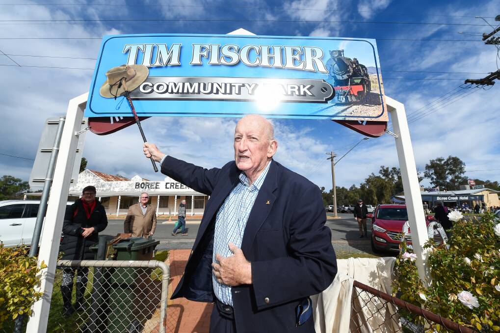 Tim Fischer in July 2019 at the unveiling of the naming of Boree Creek's park in his honour around a month before his death.