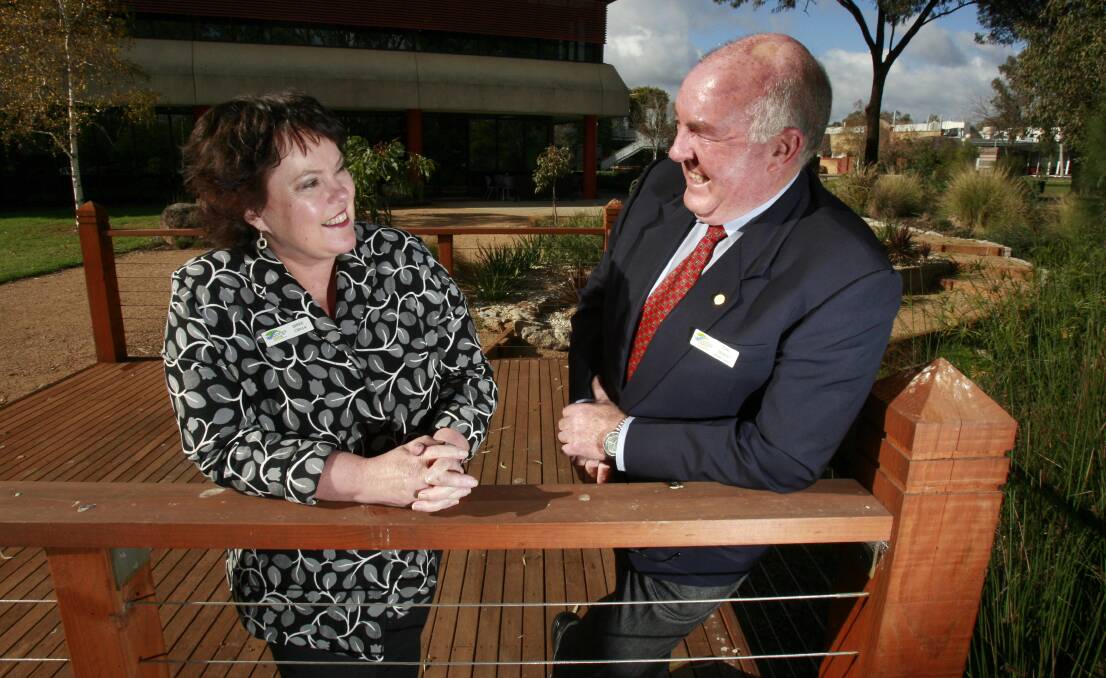 Then Wodonga TAFE chief executive Denise O'Brien with Tony Brandt in 2008. At that time the lawyer was the president of the institute's board. 