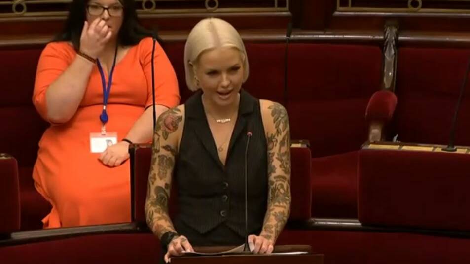 A screen grab of Animal Justice Party member for Northern Victoria Georgie Purcell delivers her maiden speech in the Legislative Council. 