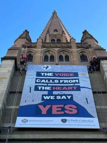 The sign unveiled on the side of St Paul's Cathedral in Melbourne at the weekend supporting the 'yes' campaign in the Voice referendum. Picture supplied