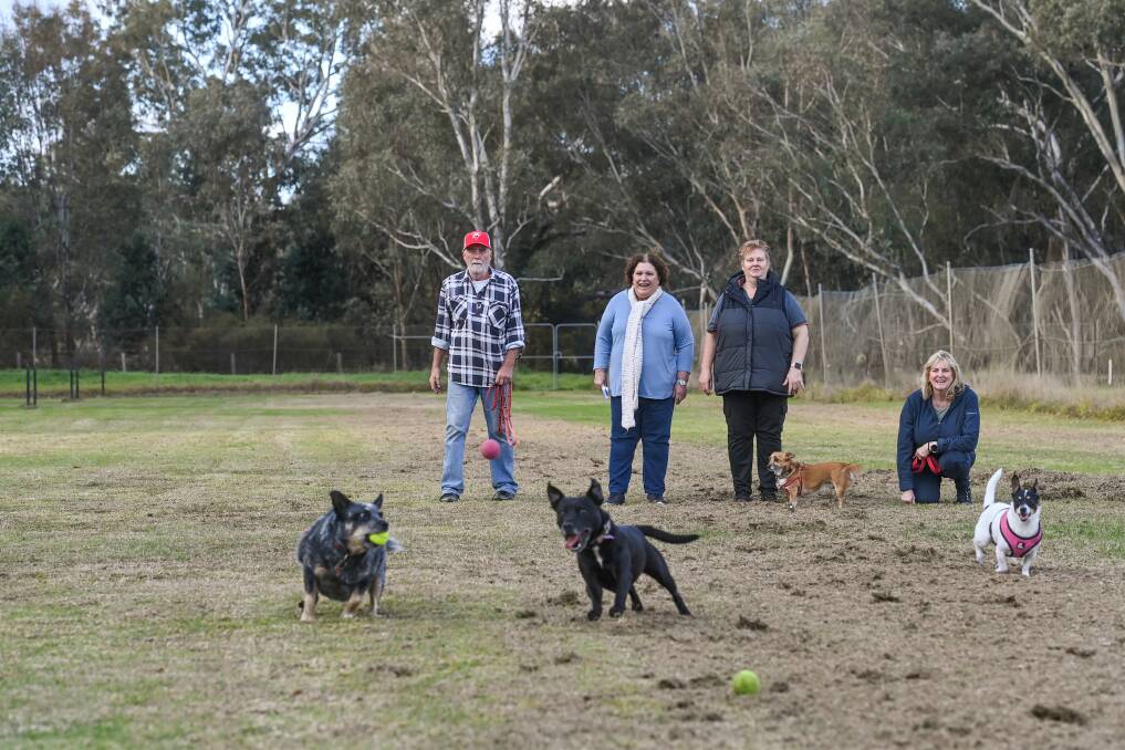 Corowa Dog Park Group members Gary Colman, Dot Colman, Leah Seater and Heather Leadbetter with their pets at the grass tennis courts they want to have as a canine recreation area. for Picture by Mark Jesser