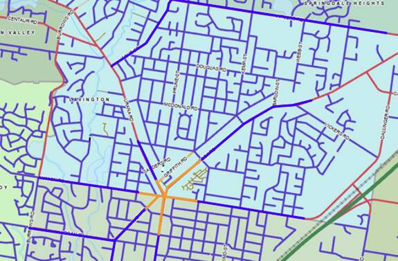 Planned Lavington changes that include the yellow roads around the Five Ways becoming 40kmh and beyond that section cuts to 50kmh for Mate Street, Union Road, Waugh Road and Kaitlers Road. Image from Albury Council