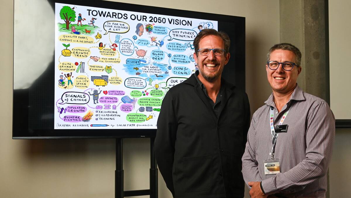 Futurist Simon Waller and Wodonga council chief executive Matt Hyde with an illustration flagging questions that are being posed as part of a vision for the year 2050. Picture by Mark Jesser