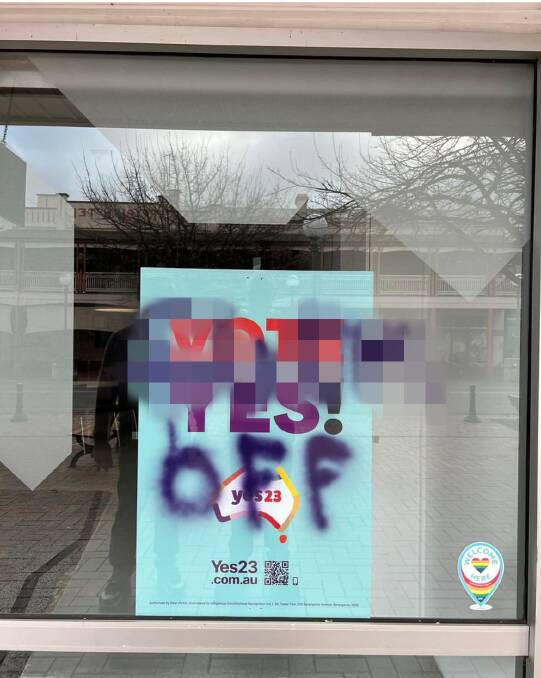 A picture of the defaced window with the obscenity pixelated. The image was uploaded to social media by Aaron Nicholls. 