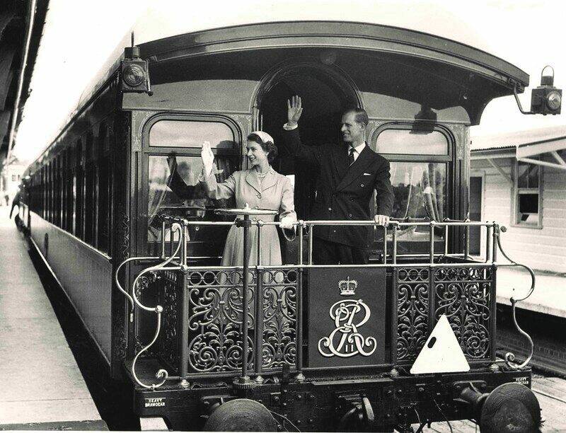 Queen Elizabeth II and Prince Philip on board a royal train that spent 12 hours at Goorambat during her first tour of Australia in 1954.