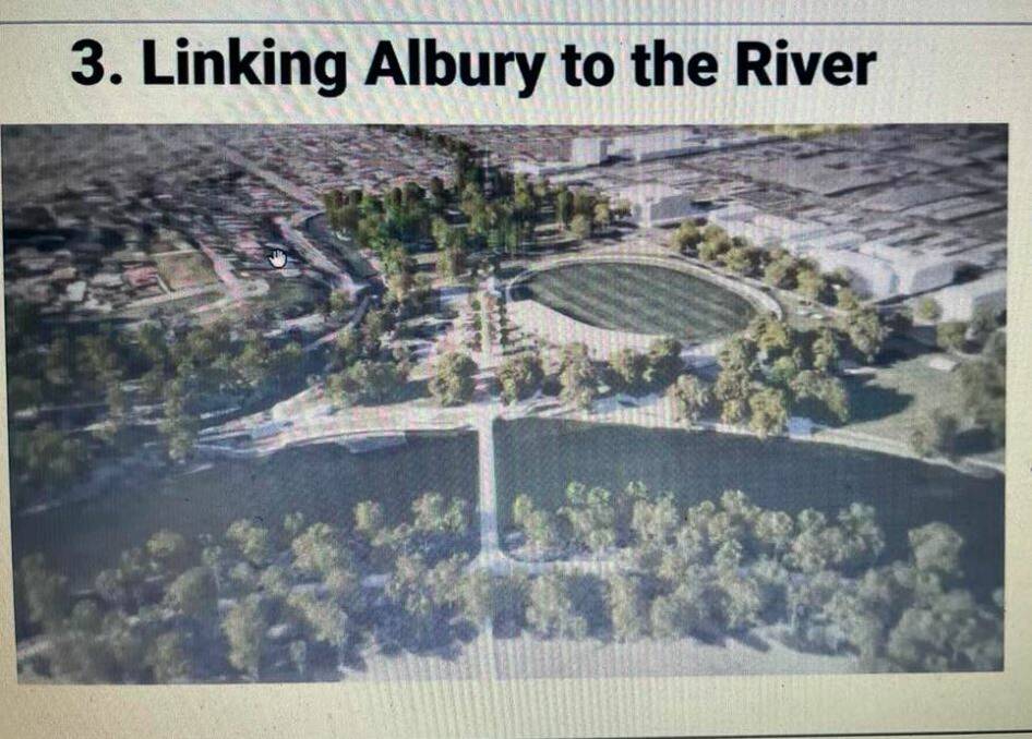 What may be: Artist's image showing the "grand diagonal" promenade that ends with a bridge across the Murray River after beginning at Dean Street. Existing pool land would be traversed. Also note changes to Albury Sportsground with changerooms shifted to eastern side.