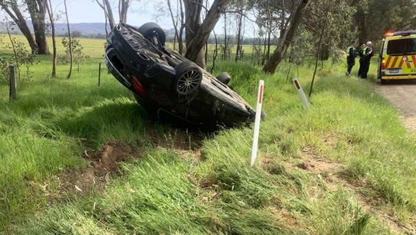 The Mercedes which flipped after coming off an intersection at Wangandary near Wangaratta on Saturday September 23. Picture supplied by police. 
