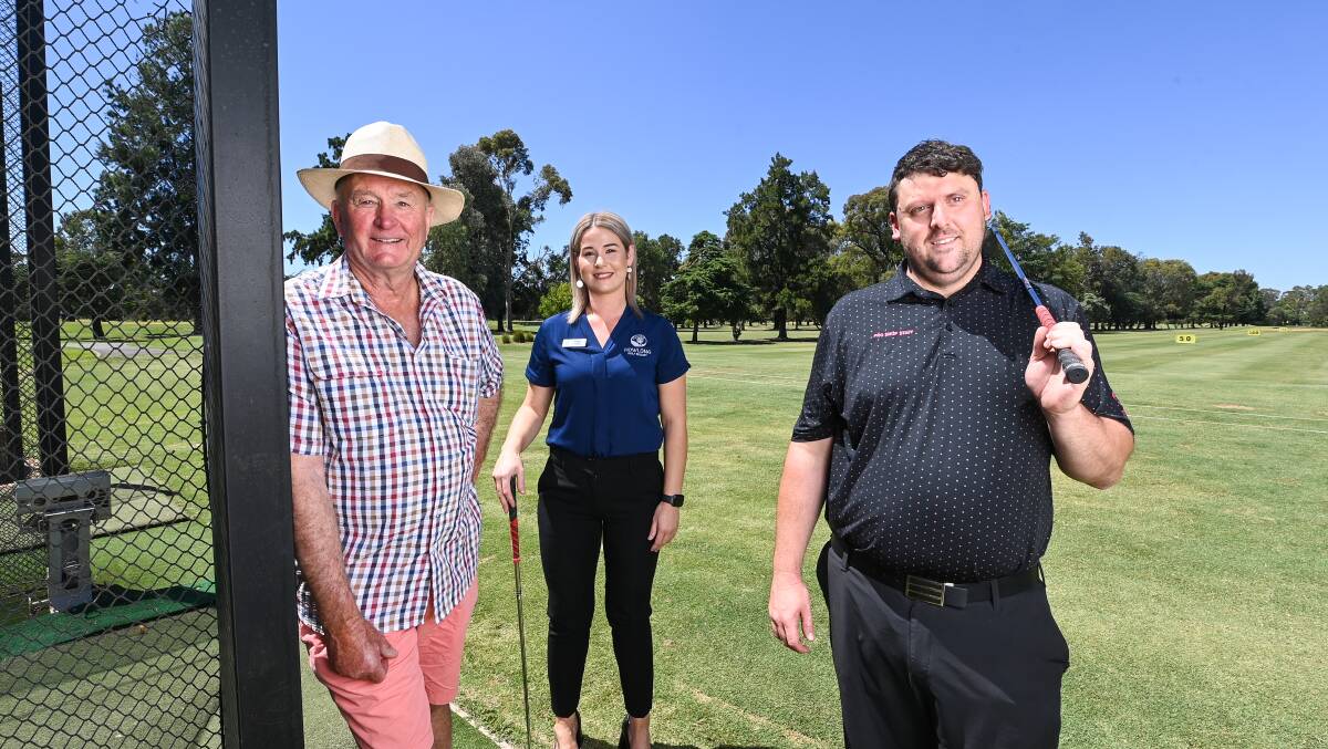 Howlong Golf Resort member David Longley pictured in 2021 with the club's operations manager Alannah Cusack and club professional Paul Steiner. Picture by Mark Jesser