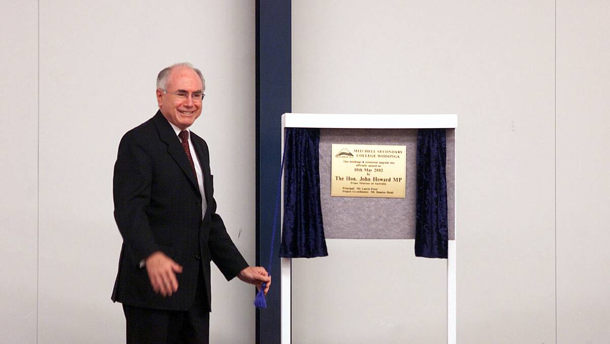 Prime Minister John Howard in Wodonga on May 10, 2002 when he opened new buildings at Mitchell Secondary College in the seat of Indi which was held by his Liberal Party colleague Lou Lieberman until October the previous year.