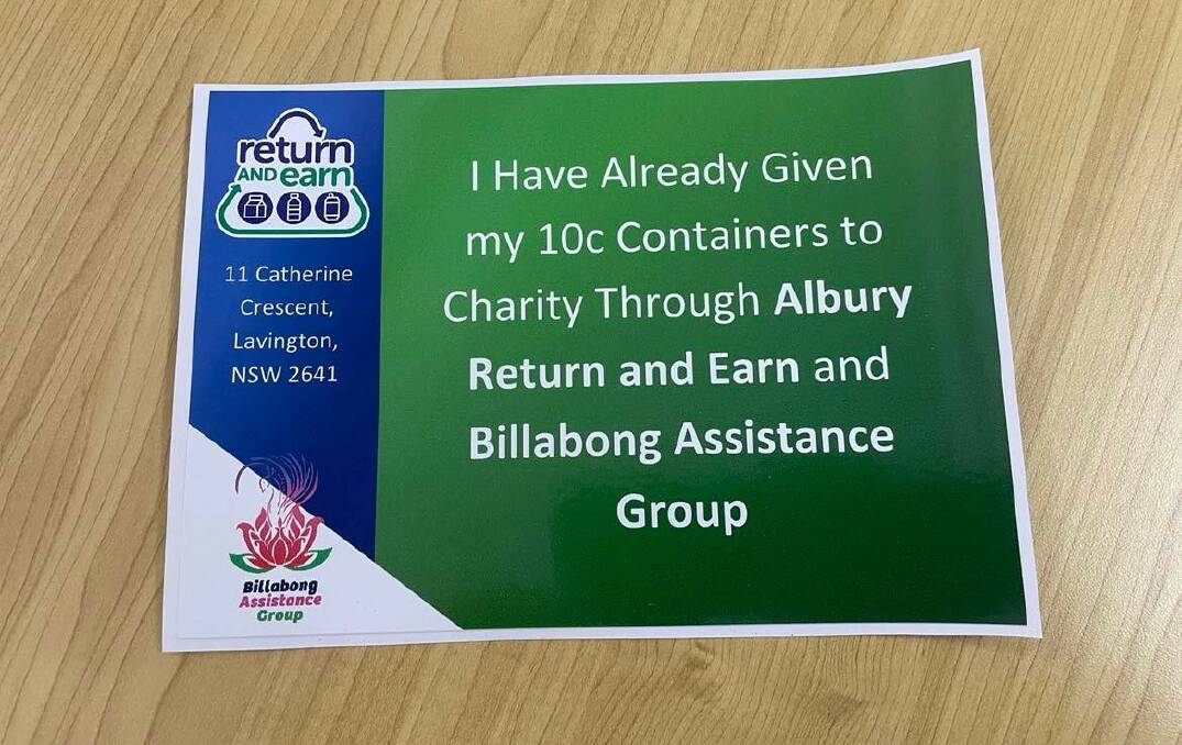 A bin sticker being distributed by Billabong Recycling to allow residents to send a message to those wanting to rifle through their rubbish for drink containers.