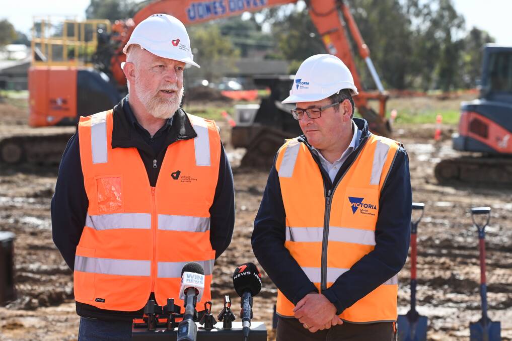 Indigo North Health chief executive Shane Kirk speaks to the media with Victorian Premier Daniel Andrews standing alongside listening to his response. Picture by Mark Jesser