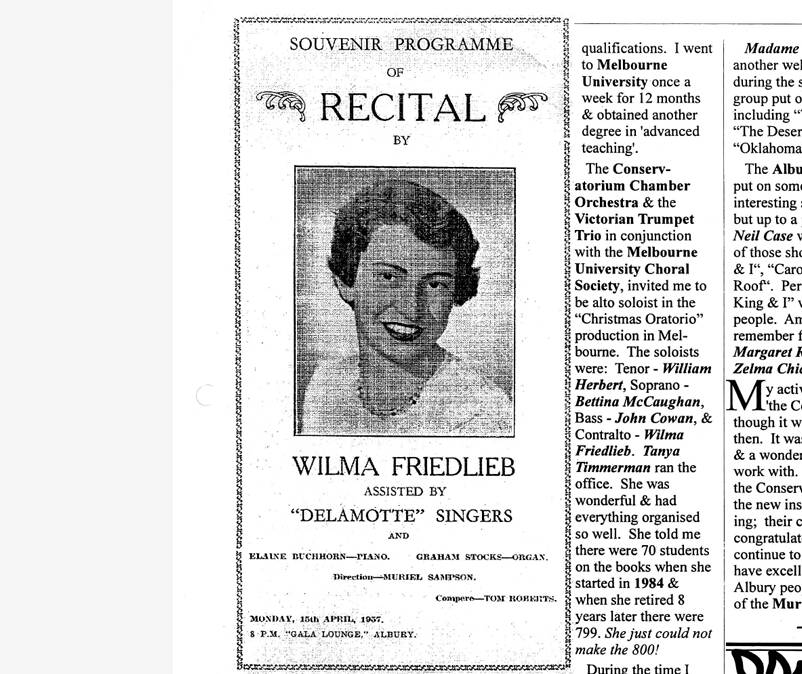 Singer Wilma Friedlieb as she appeared on a program cover for a performance held in Albury on April 15, 1957. It was published as part of an article that appeared in the Albury and District Historical Society's bulletin of May 2006. 