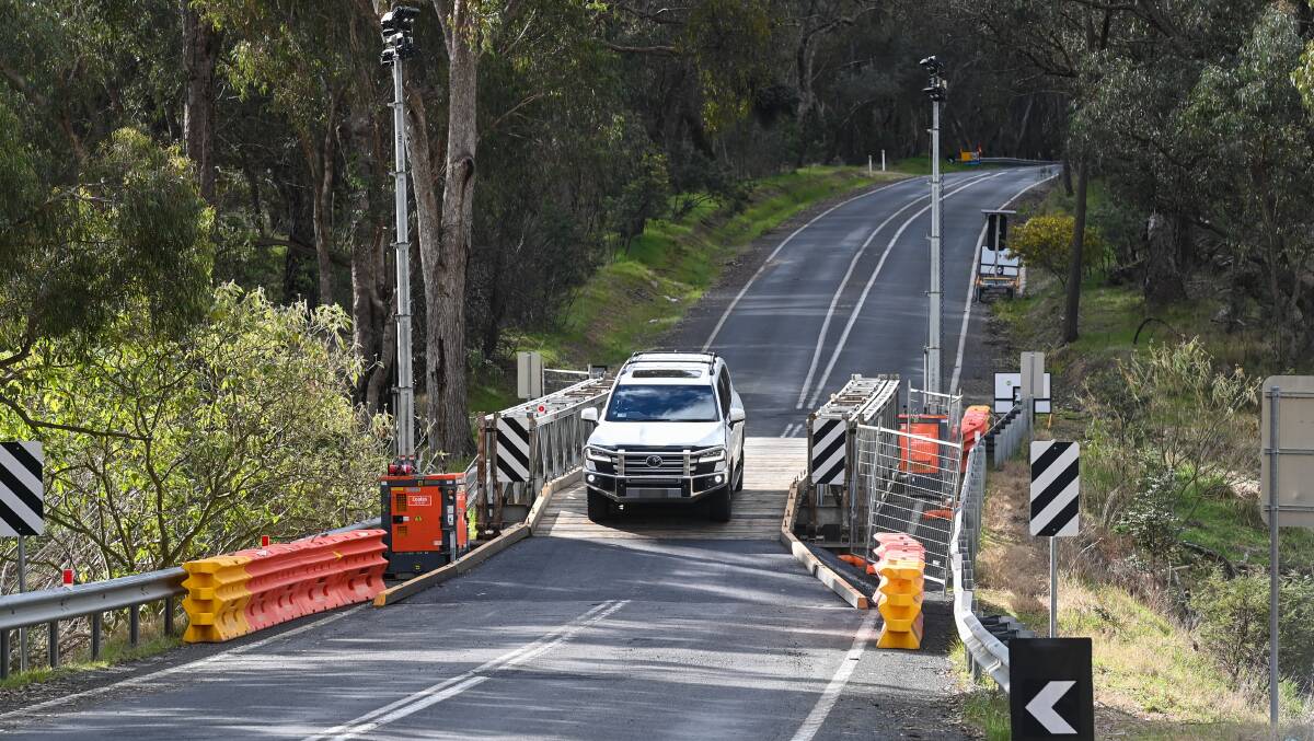 The Bailey bridge which has been installed along the Beechworth-Wodonga Road because of damaged culverts. Picture by Mark Jesser 