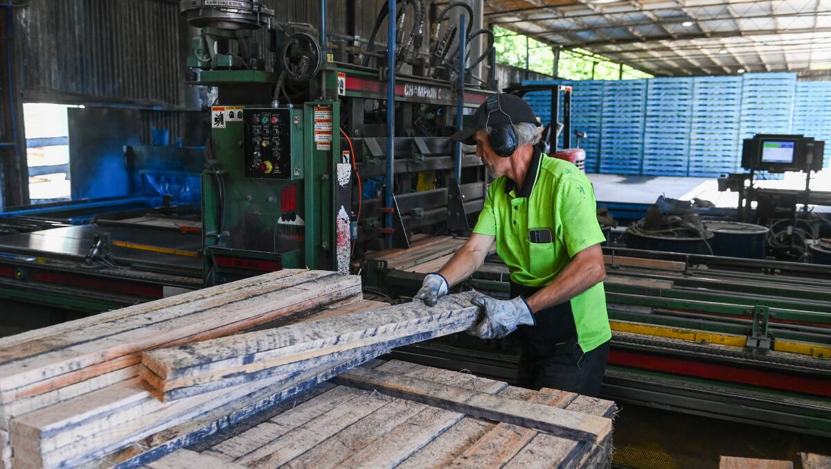 Gary Williams places some of the last pieces of timber into a processing machine for pallet production. Picture by Mark Jesser