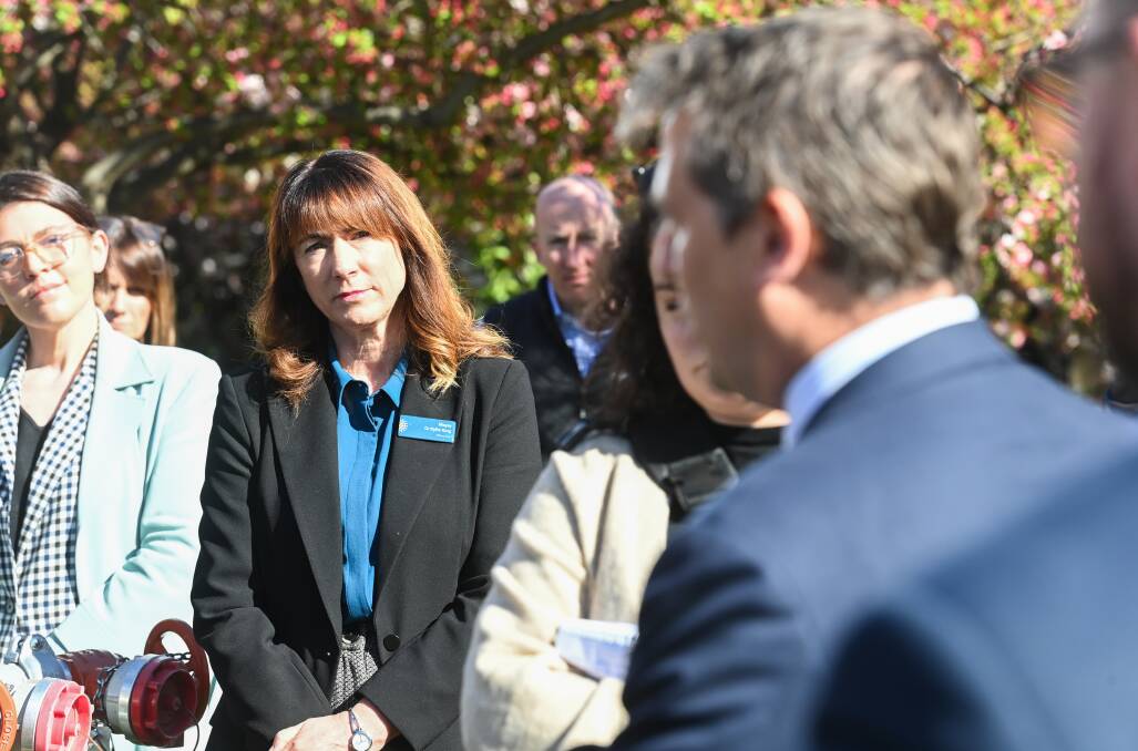 Albury mayor Kylie King listens to NSW Health Minister Ryan Park (back to camera) address the media during his visit to the Border in September 2023. Mr Park's government is not committing additional money to a hospital upgrade.