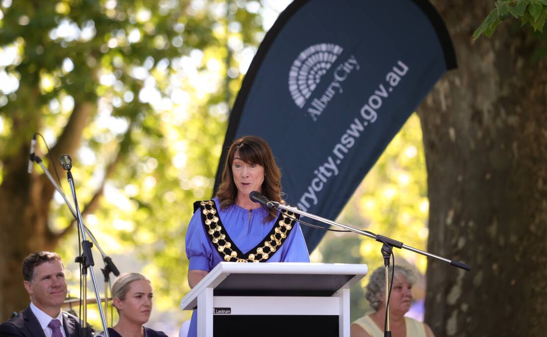 Albury mayor Kylie King addresses the Australia Day audience at Noreuil Park last January with Albury MP Justin Clancy among those watching on from the stage. Picture by James Wiltshire