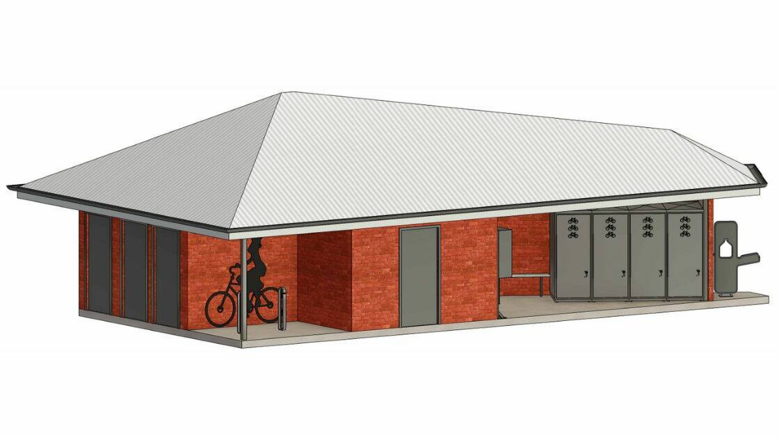 An artist's image of how the bike hub in Junction Place may appear with four lockers at the right next to a drinking fountain. Image from Wodonga Council.