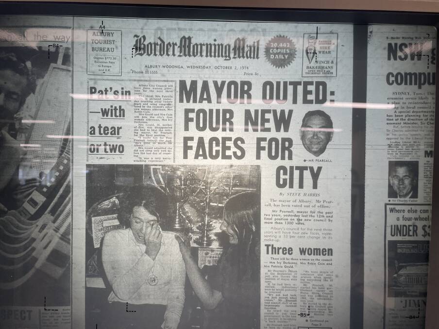 The front page of The Border Morning Mail in early October 1974 with a photograph of Patricia Gould wiping away tears after securing the last place on the council following a municipal election the previous month.