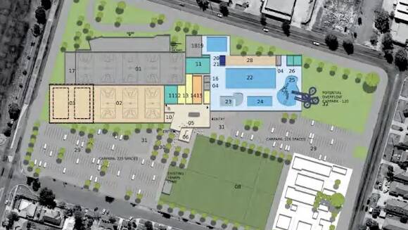 An image from the consultant's report showing how an extension of Lauren Jackson stadium with additional courts and an aquatic centre would appear. 