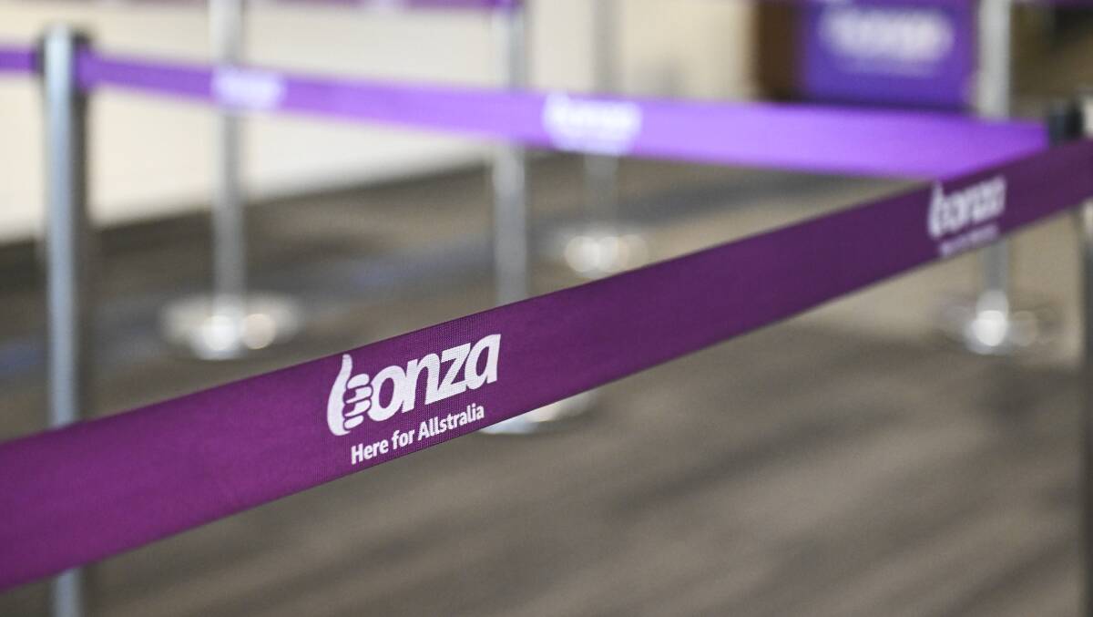 No longer here. Barriers with ropes containing the Bonza logo in happier times for passengers at Albury airport. Picture by Mark Jesser