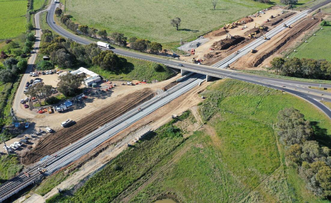 The extent of the new ballast, sleepers and rails is clear in this image showing the work done to lower the trajectory of the line below the Murray Valley Highway at Barnawartha North. Picture supplied by the ARTC