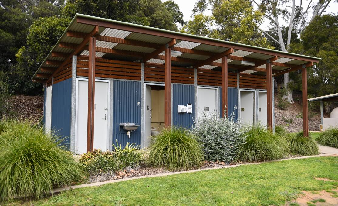 Way of the future: A unisex toilet block in Wodonga's Sumsion Gardens. Albury deputy mayor Amanda Cohn says such designs are safer for women than gender divided blocks of toilets. Picture: MARK JESSER