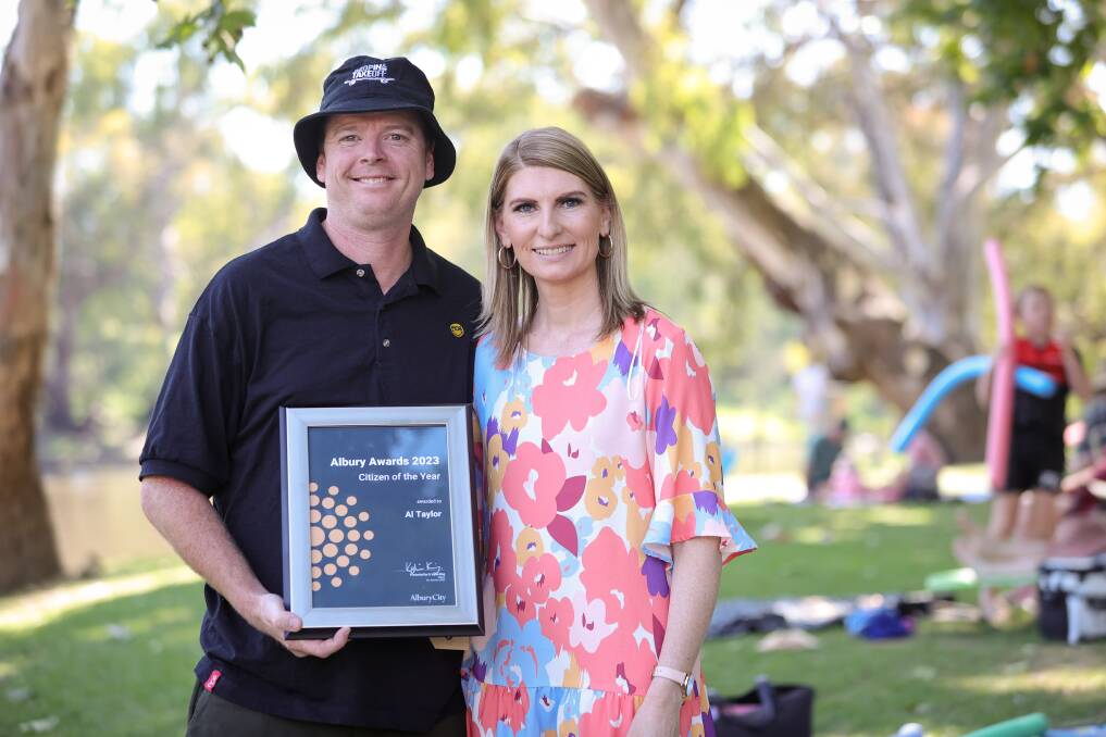 Last year's top Albury citizen Al Taylor and his wife Rachael at Noreuil Park after receiving his award. He will speak at the event being held on Friday to recognise some of the city's leading contributors. 
