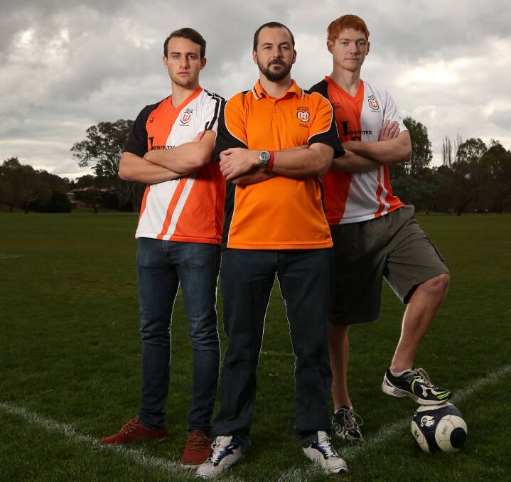 UNITED WE STAND: Wodonga Heart's Ki Stratton, Andrew Hughson and Aaron Sewell are hoping to cause a massive upset and beat title contender Albury United on Sunday at Willow Park. Picture: JAMES WILTSHIRE