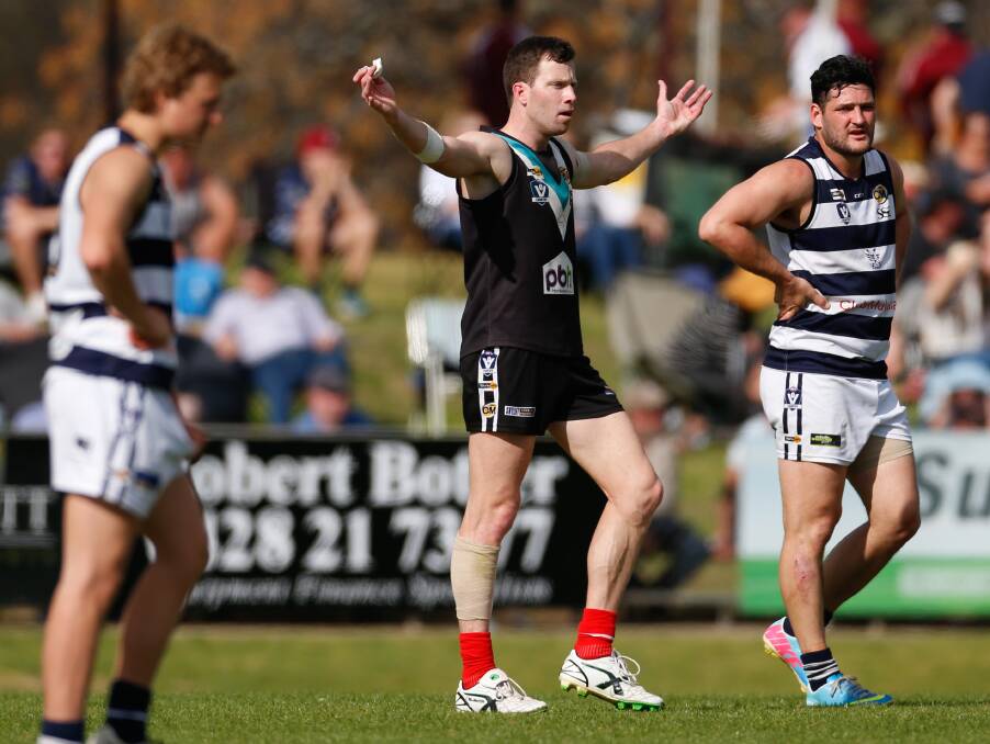 NOT IMPRESSED: Lavington playing coach James Saker gets animated during the preliminary final against Yarrawonga at the John Flower Oval on Sunday.