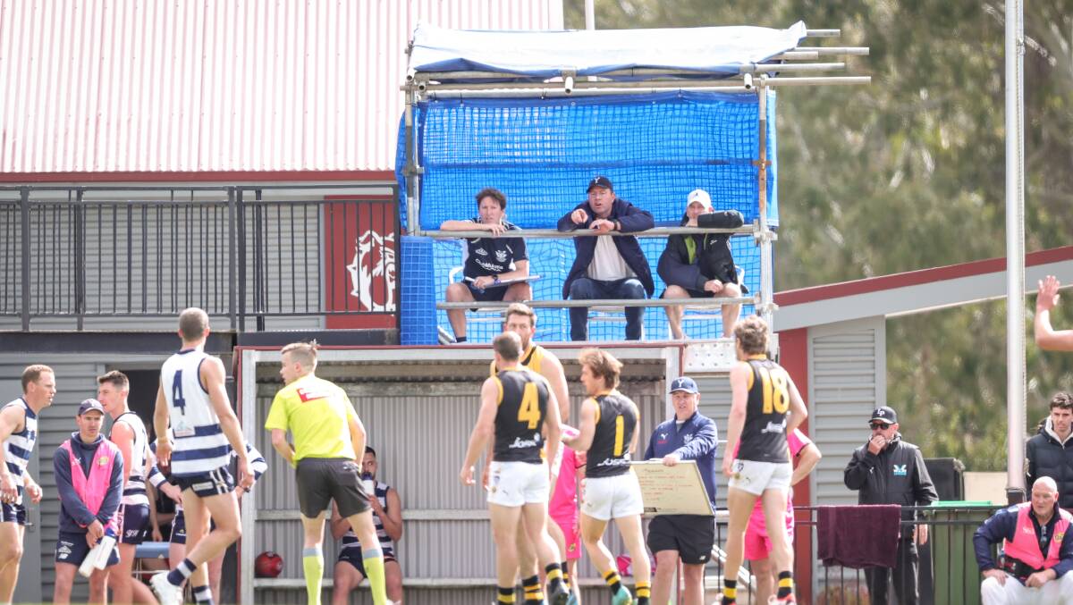 Yarrawonga coach Steve Johnson (top, centre) points out what he wants from his team in the grand final qualifier. Yarrawonga won by 17 points and will meet Albury in the grand final. Picture by James Wiltshire 