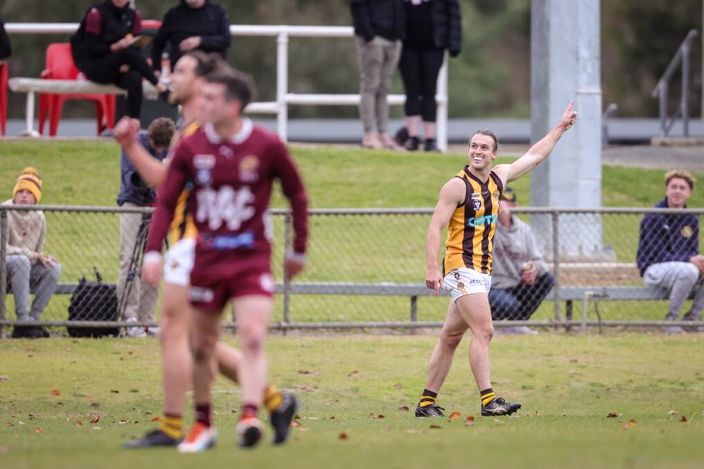 Wangaratta Rovers' Ryan Hebron celebrates a goal earlier this season. The GWS VFL player has been named to play North Albury in the final round.