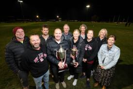 Wodonga's Danny Cohen (left), Keith Ainsworth, Michael Lamb, Brendan Trew, Richard Bence (coach), Kelli Moylan, Sally Anthony, Rebecca Cameron, Liona Edwards and Anna Avery will celebrate their 2004 grand final wins. Picture by James Wiltshire