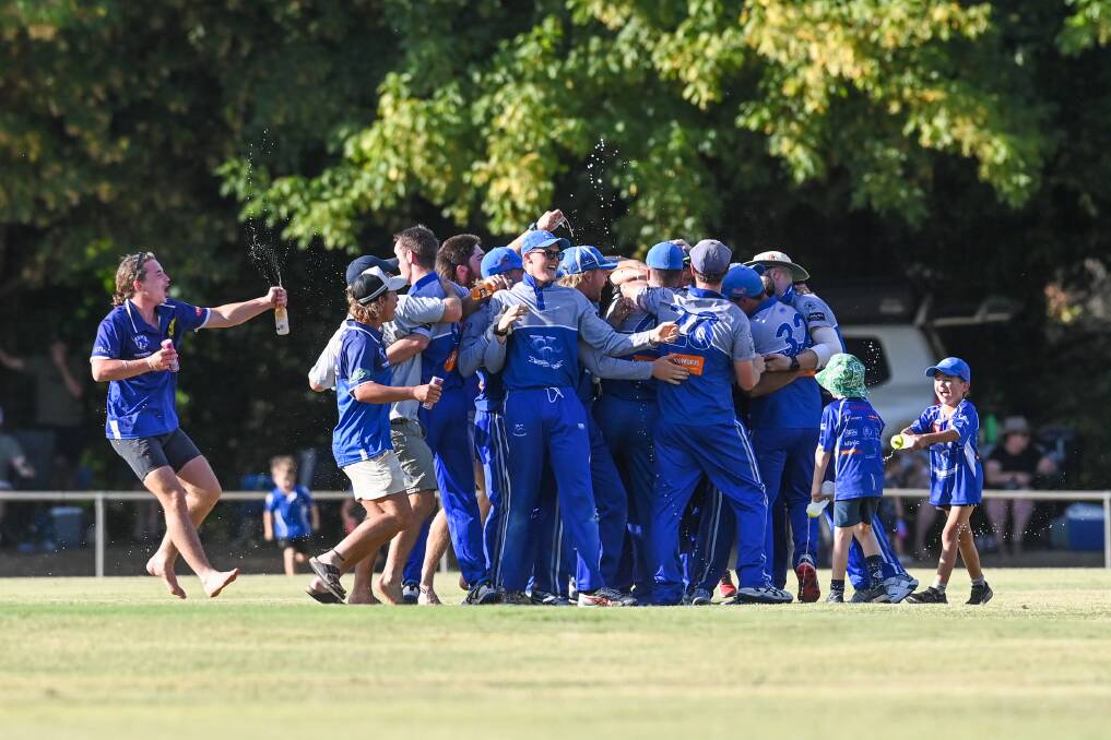 Yackandandah starts to celebrate after taking Barnawartha Chiltern's last wicket in Cricket Albury-Wodonga's district decider on Saturday, March 18. Pictures by Mark Jesser