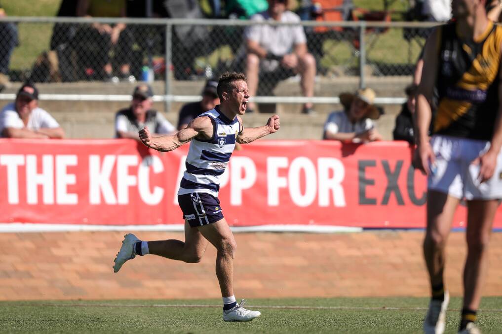 Yarrawonga's Nick Fothergill celebrates one of his two goals against Albury in Sunday's decider. Picture by James Wiltshire