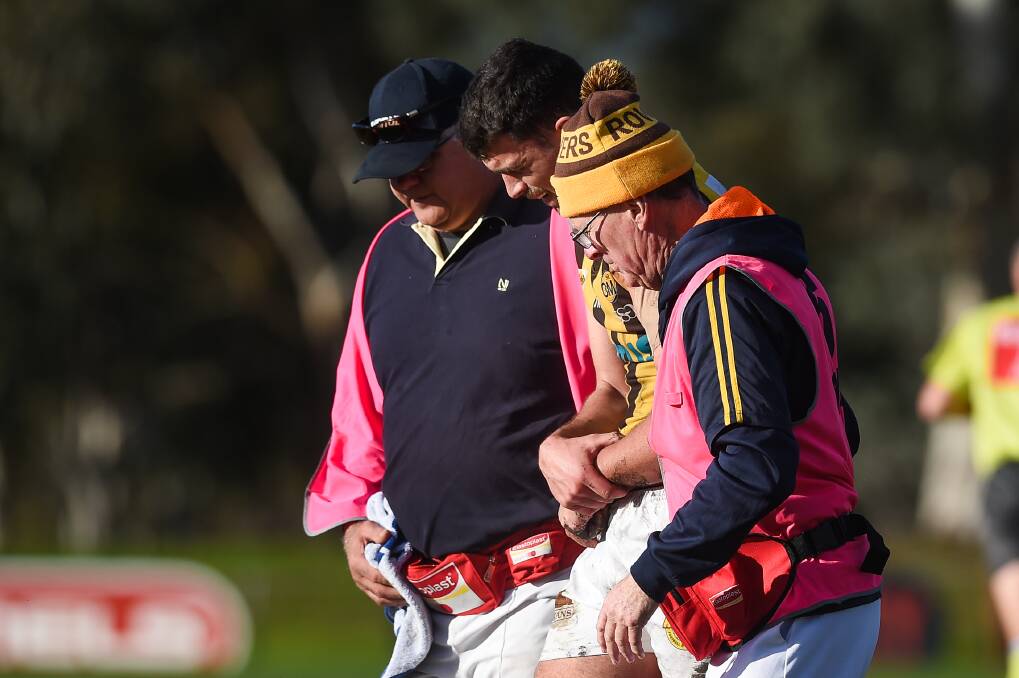 WING CLIPPED: Hawk Ed Dayman dislocated his shoulder again in the loss to Wodonga Raiders. It took some time to 'pop' it back in. Picture: MARK JESSER