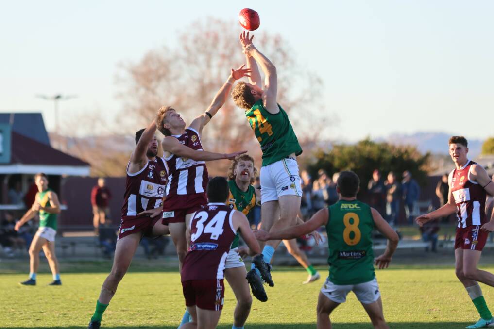 North Albury's Harry Weaven takes a top mark against Wodonga on Saturday. Picture by Ruthie B Photography