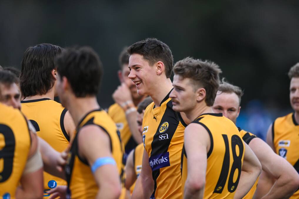 Rapidly emerging teenager Connor O'Sullivan (centre) celebrates with Albury team-mates after the win over Wangaratta on July 22. Picture by Mark Jesser