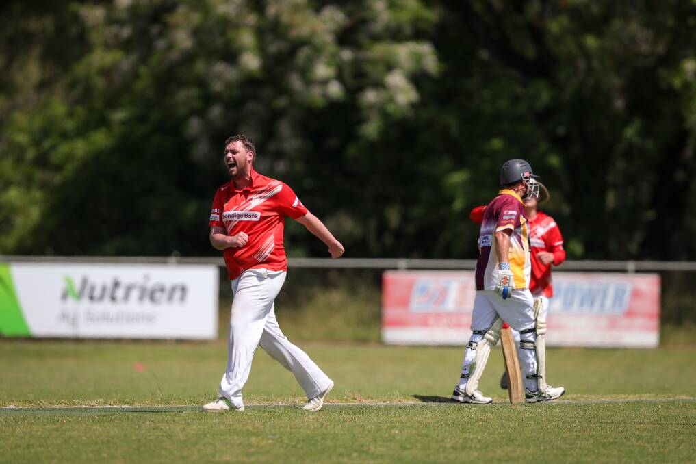 Henty's Daniel Terlich was difficult to score against, taking 2-9 from eight overs, and he celebrates one of those wickets. Pictures by James Wiltshire