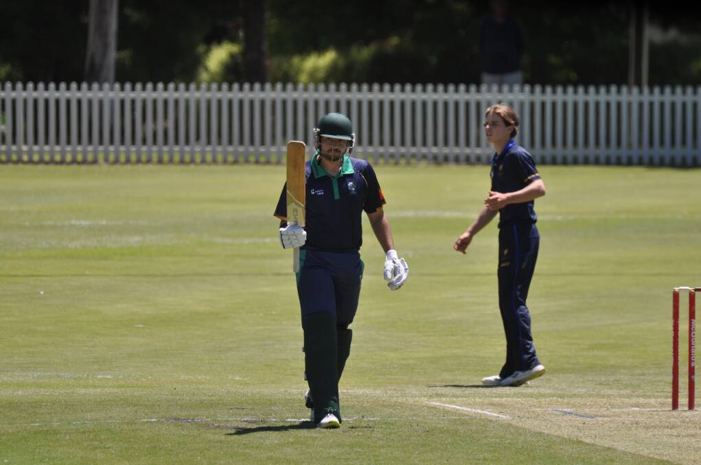 Riverina's Chris Galvin acknowledges his team-mates after passing his half-century. Picture by Nick McGrath/Central Western Daily