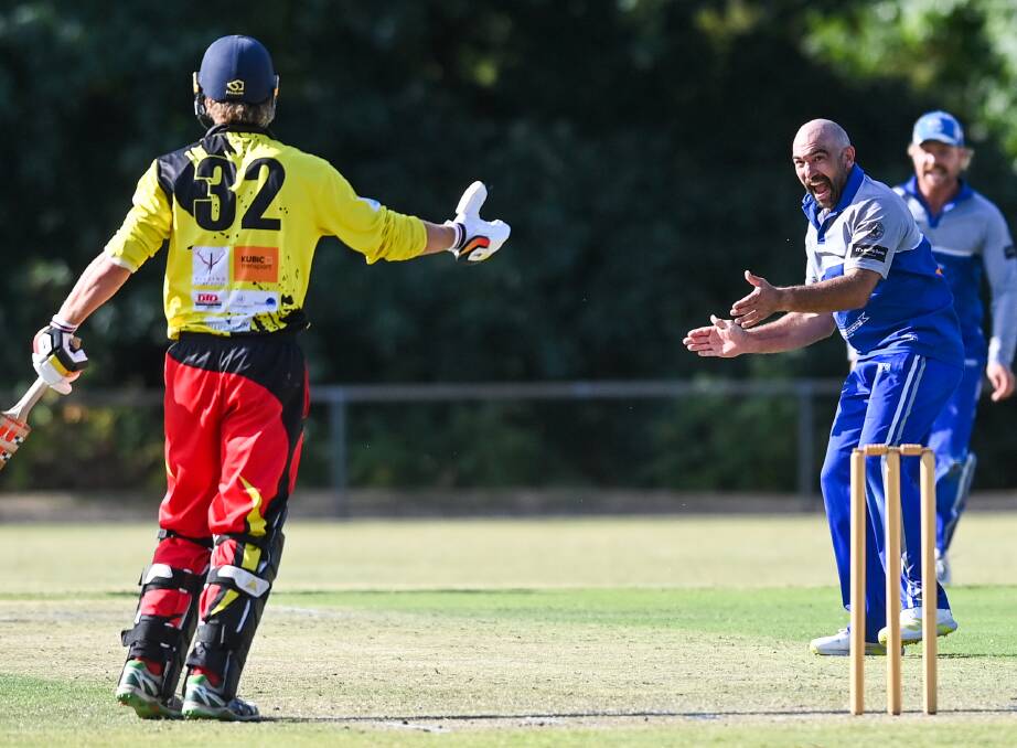 The Roos' Mick Walker pleads for a wicket and he destroyed the Miners, taking the first four wickets, including in-form Tom Webster for a duck.