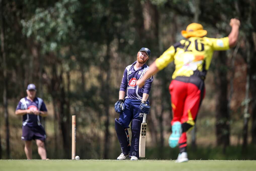 Baranduda's Mitch Ryan feels the despair after the ball rolled back onto his stumps after playing a defensive shot against the Miners. Pictures by James Wiltshire